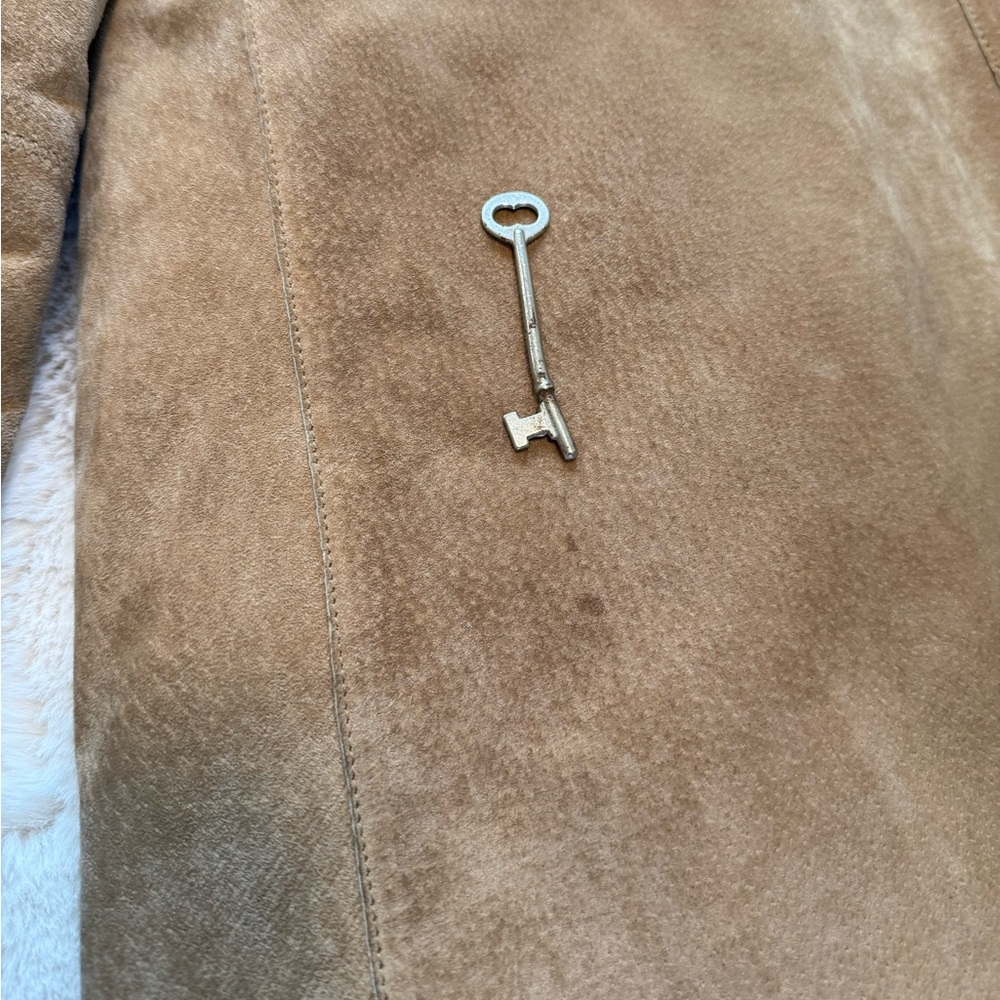🌻Vintage 90s Y2K Faux Fur Lined DB Studio Tan Leather Penny Lane Vibes Coat✨ - Picture 12 of 16